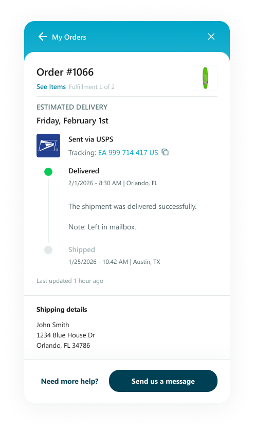 Mech's order tracking view — customers get live carrier updates without ever opening a ticket